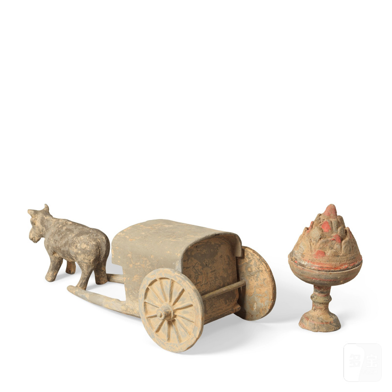 漢 陶牛車及彩繪博山爐 | A GREY POTTERY MODEL OF AN OX-DRAWN CART AND A PAINTED GREY POTTERY INCENSE BURNER AND COVER - 图2
